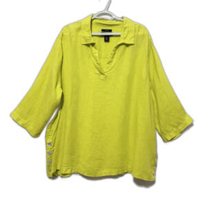 Tahari Tunic Top Plus Size 3X 100% Linen Lime Green Side Button Lagenlook